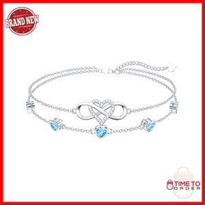 Sterling Silver Infinity Heart Birthstone Anklet Bracelet Adjustable Elegant